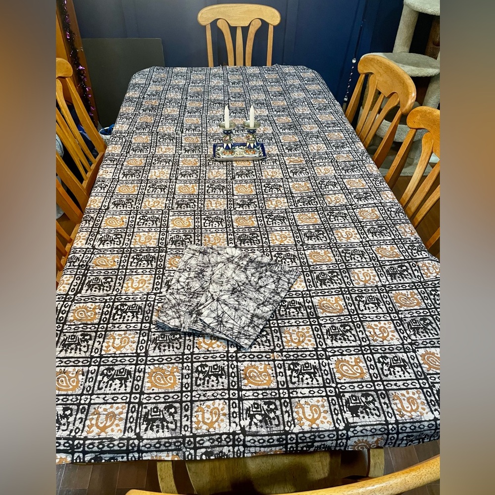 Rare Handmade Batik Tapestry Table Linens Lg Tablecloth 54"x86" Napkins 22"x22"